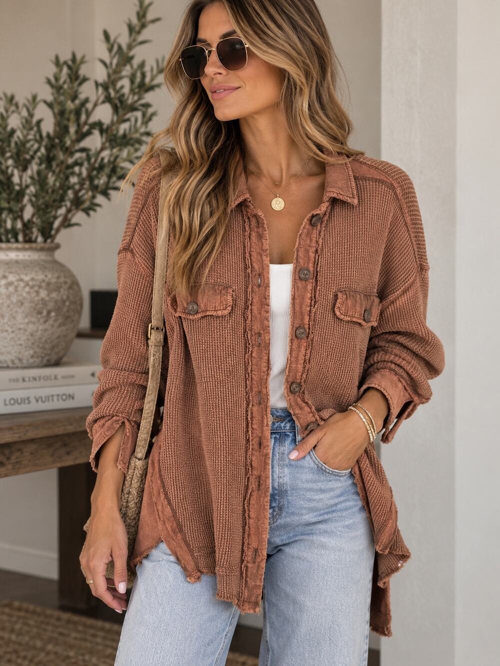 Oli + Hali Textured Waffle-Knit Thermal Utility Jacket Brown M/L